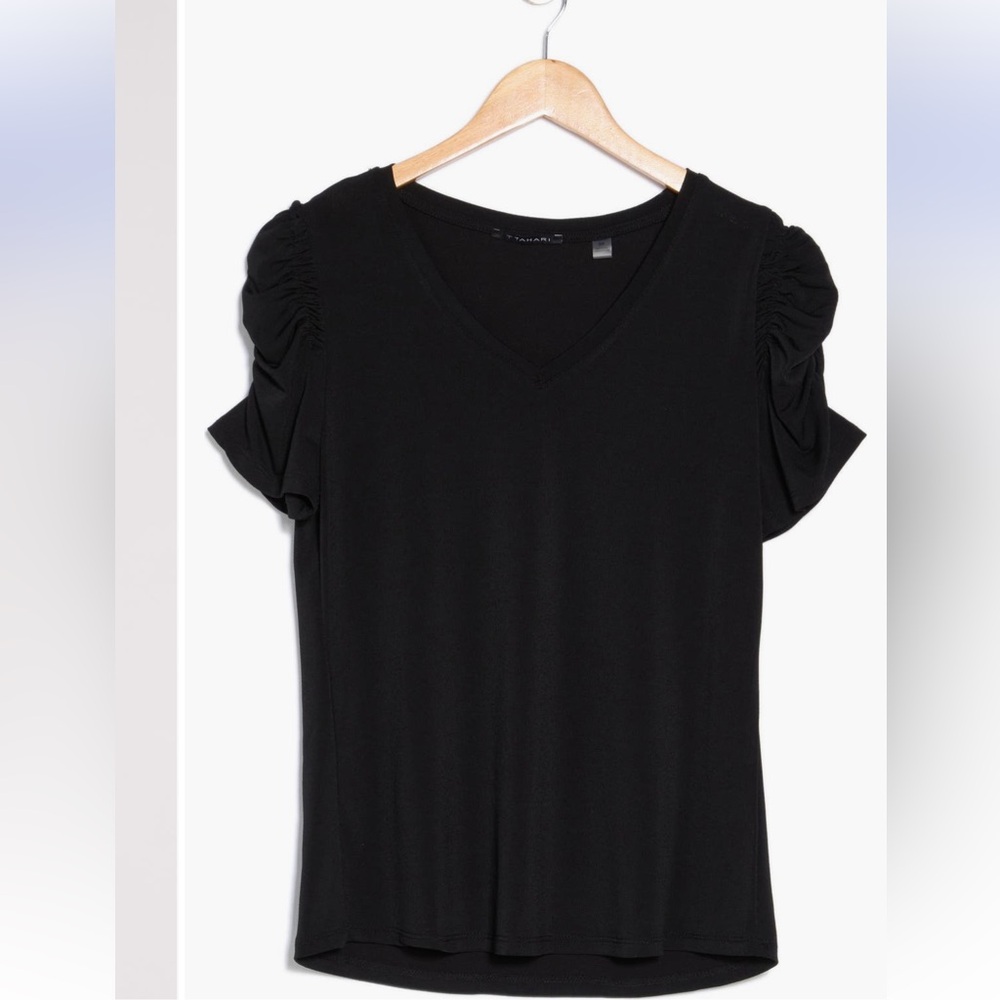 T Tahari Ruched Sleeve V-Neck T-Shirt - Black - Picture 3 of 6